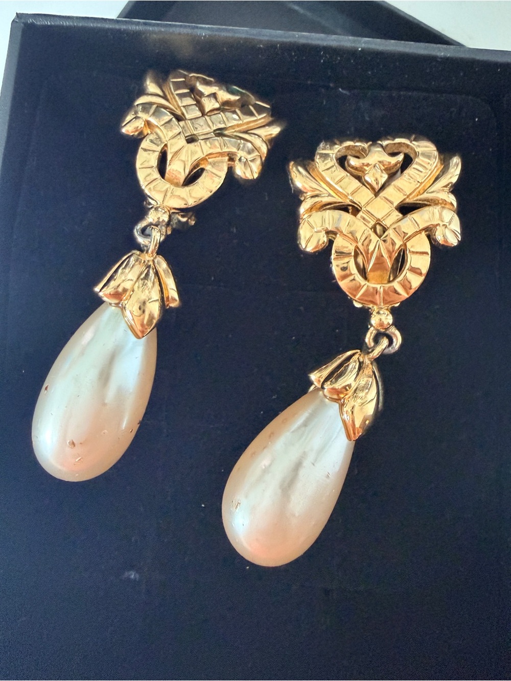 Vintage Nina Ricci Signed Gold-Tone Faux Pearl Drop Statement Earrings